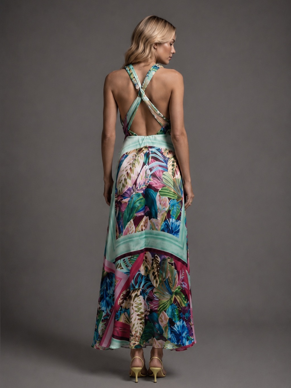 Zara Tropical Satin Maxi Dress Open Back Resort - Picture 4 of 11